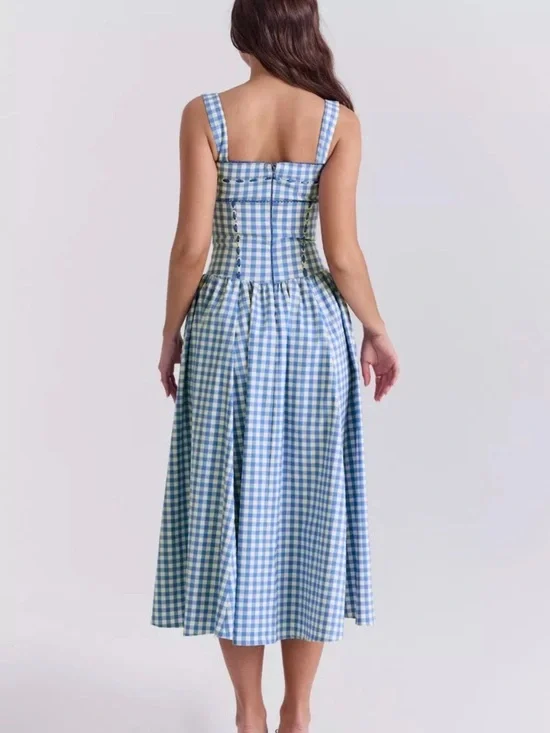 House of CB Vivien Blue & White Gingham Square-Neck Midi Dress - Picture 4 of 5